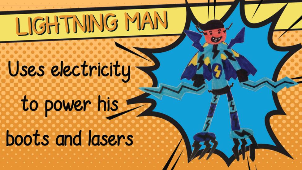 A superhero drawing of Lightning Man who has a blue super suit on with lightning around him.