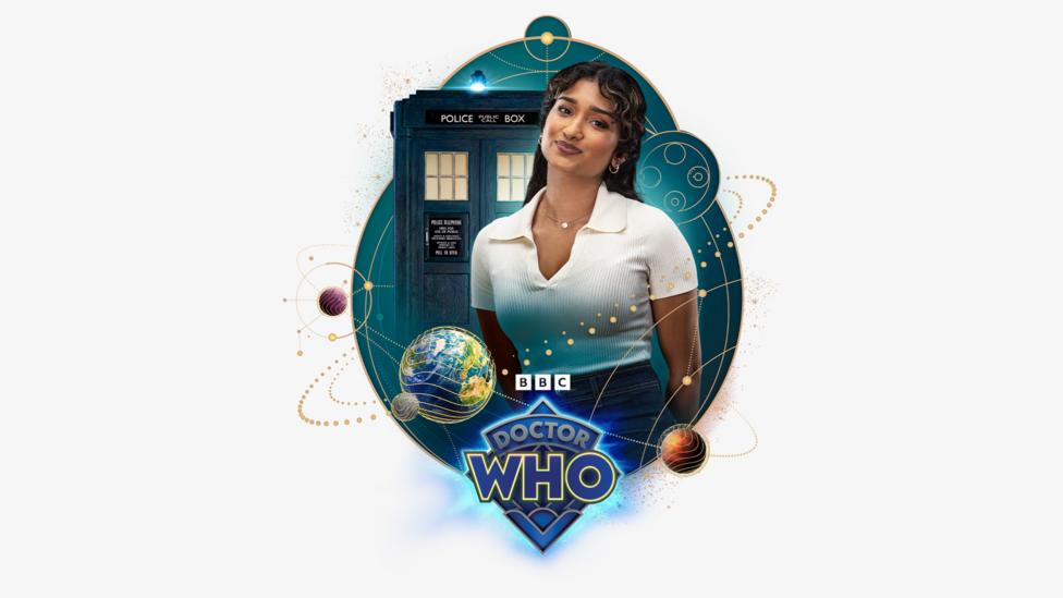 Belinda from Doctor Who in a stylised graphic with the TARDIS behind her and the Doctor Who logo in front.