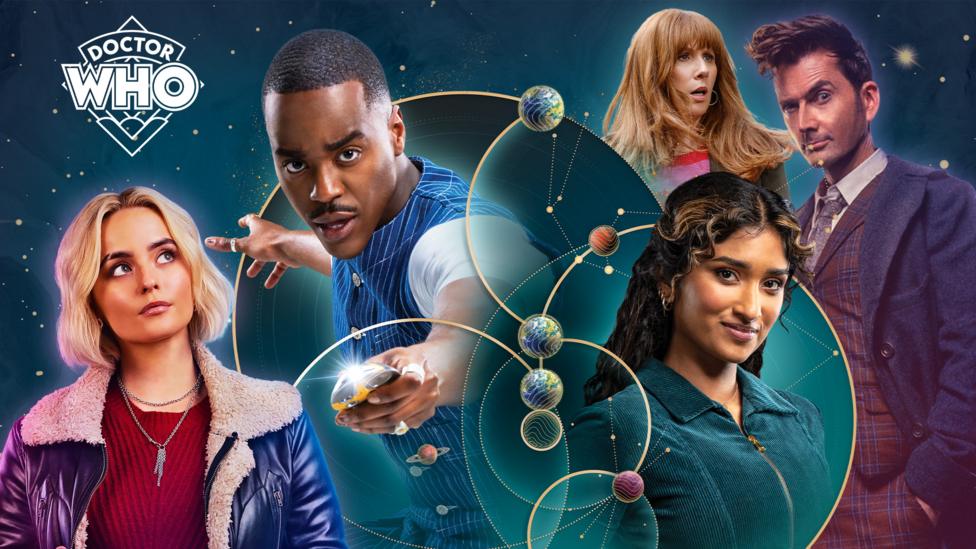 Doctor Who personality quiz featuring various Doctors and their companions on a space themed background.