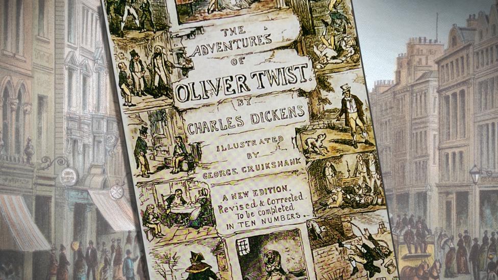 A copy of 'Oliver Twist' in front of an image of Victorian London