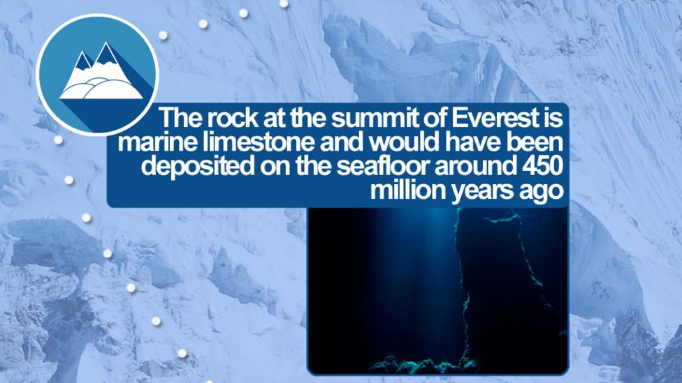 The rock at the summit of Everest is marine limestone and would have been deposited on the seafloor around 450 million years ago.