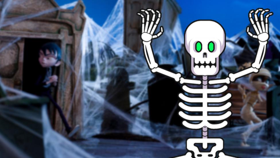 A cartoon skeleton pops up in Scream Street's graveyard.