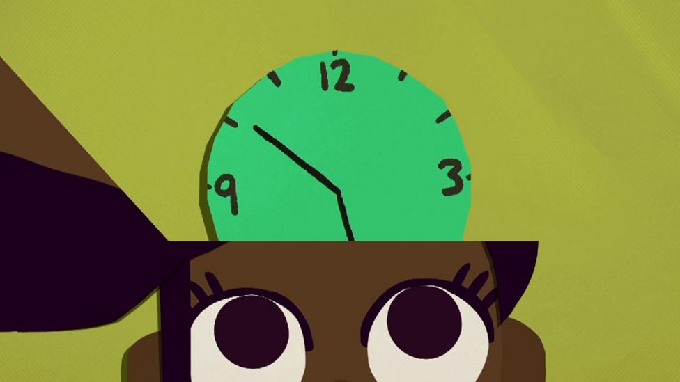 Animation of a clock coming out of a head.