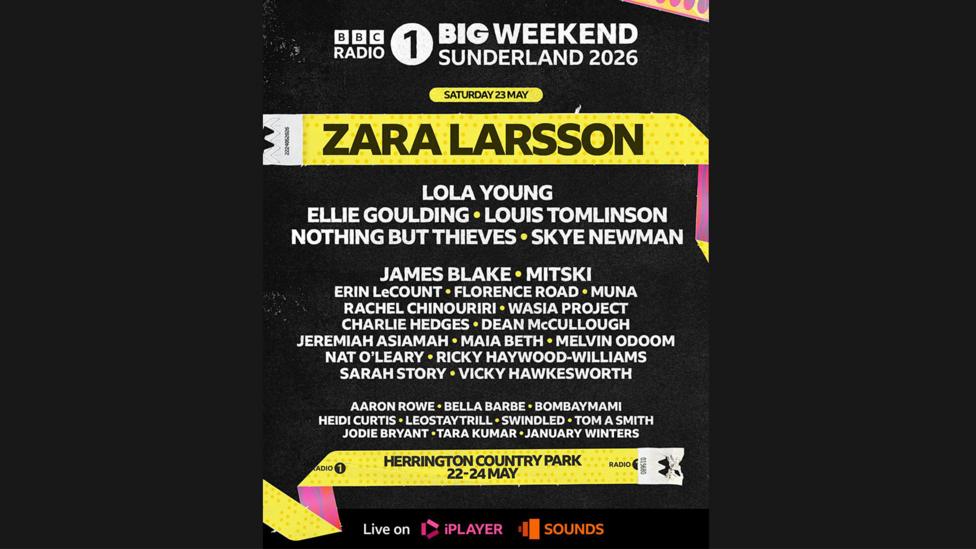 The artist lineup for Saturday at the Radio 1 Big Weekend, headliner is Zara Larsson.