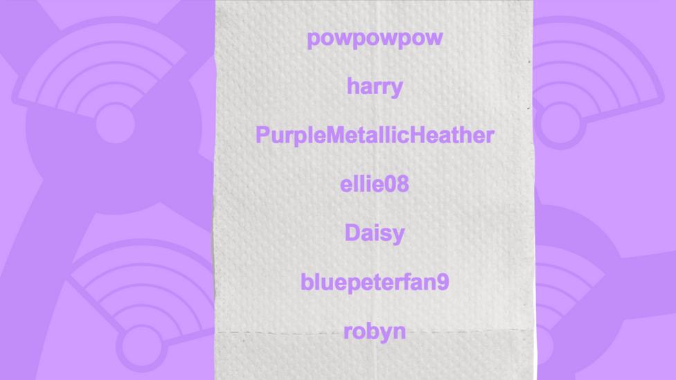 A picture of a toilet roll with the names of users who got the question right, powpowpow, harry, PurpleMetallicHeather, ellie08, Daisy, bluepeterfan9.