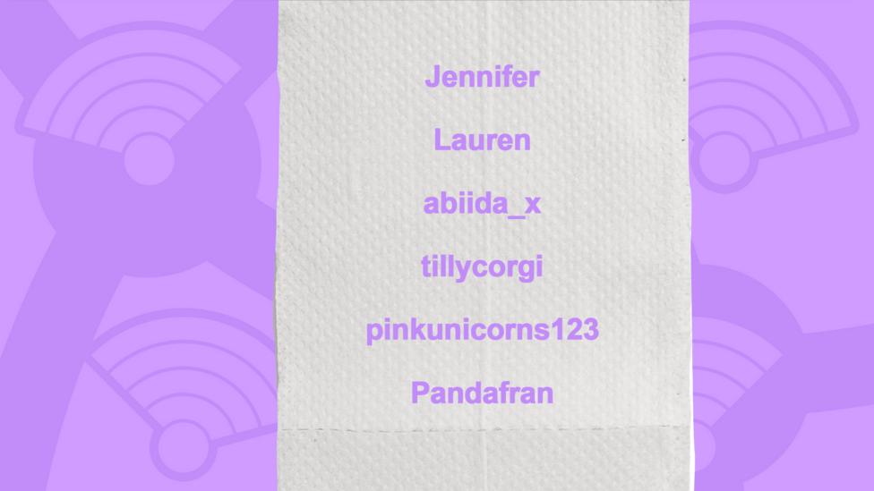 A picture of a toilet roll with the names of users who got the question right, Jennifer, Lauren, abiida_x, tillycorgi, pinkunicorns123, Pandafran.