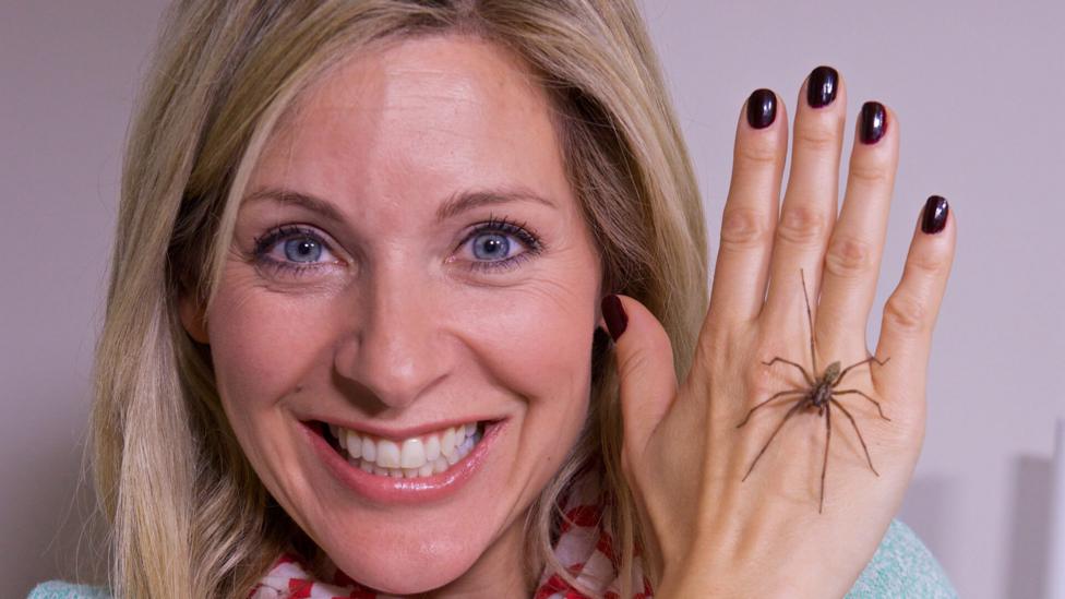 A woman's face smiling while holding her hand next to her face with a house spider sat across it (Naomi).