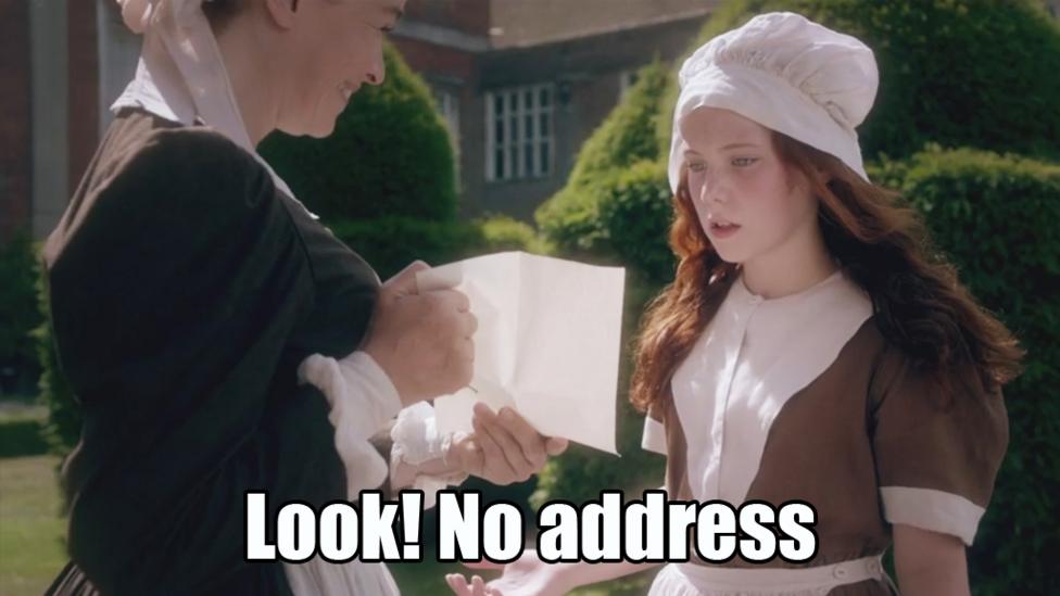 A smug Matron with the words 'Oops. No address'