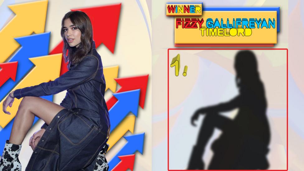 Dua Lipa and a representative shadow on an arrow background.
