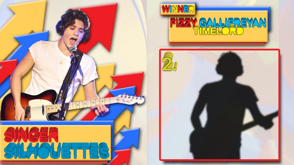 Brad from The Vamps on an arrowed background.