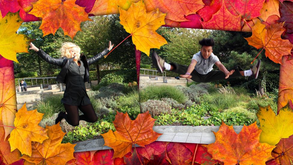 Photos of Katie and Karim jumping into the air, on a background of autumnal leaves.