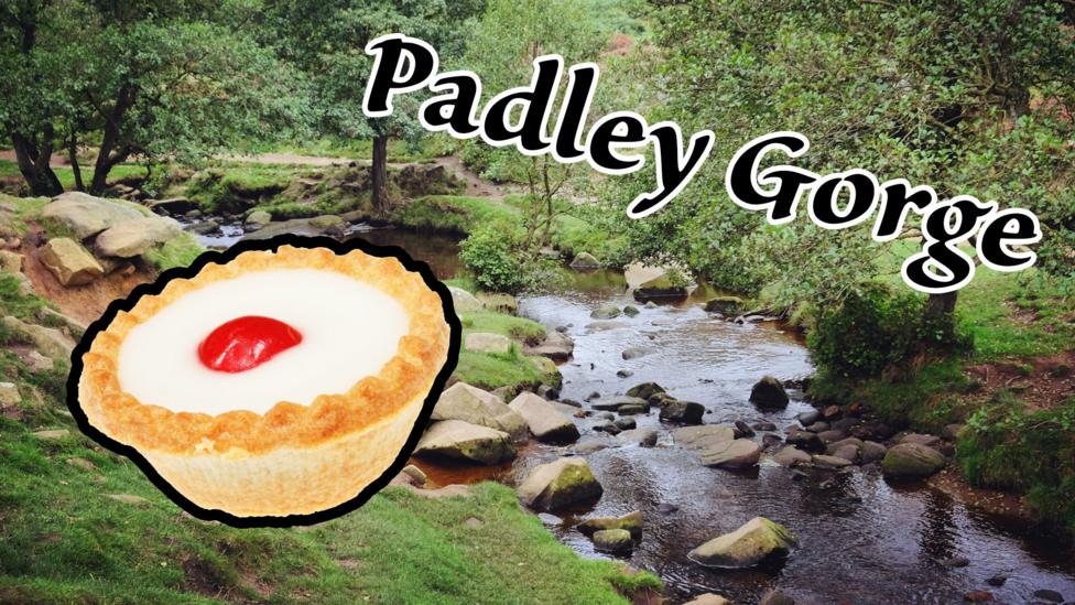 A babbling brook in secluded forestry, with a sign reading 'Padley Gorge' by a large Bakewell Tart.
