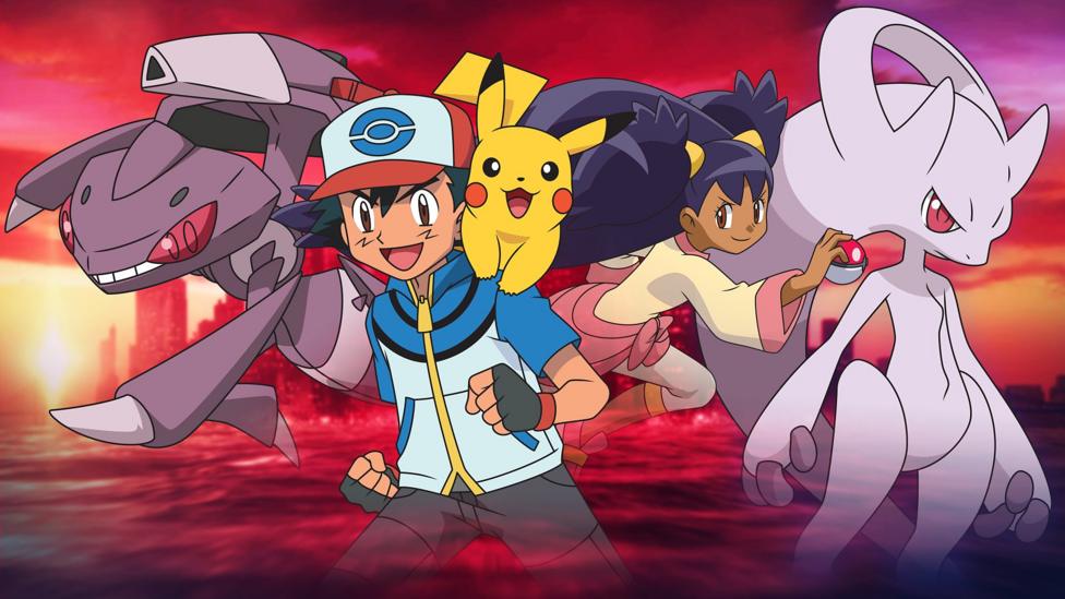 Ash and Pikachu are in front of Mewtwo and genesect