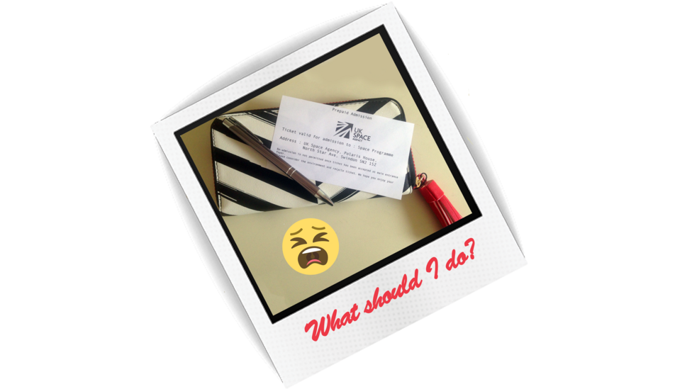 A polaroid frame shows a striped purse, a pen and a Space Program ticket, with a worried emoji and the words 'What should I do?' in red along the lip of the photograph.