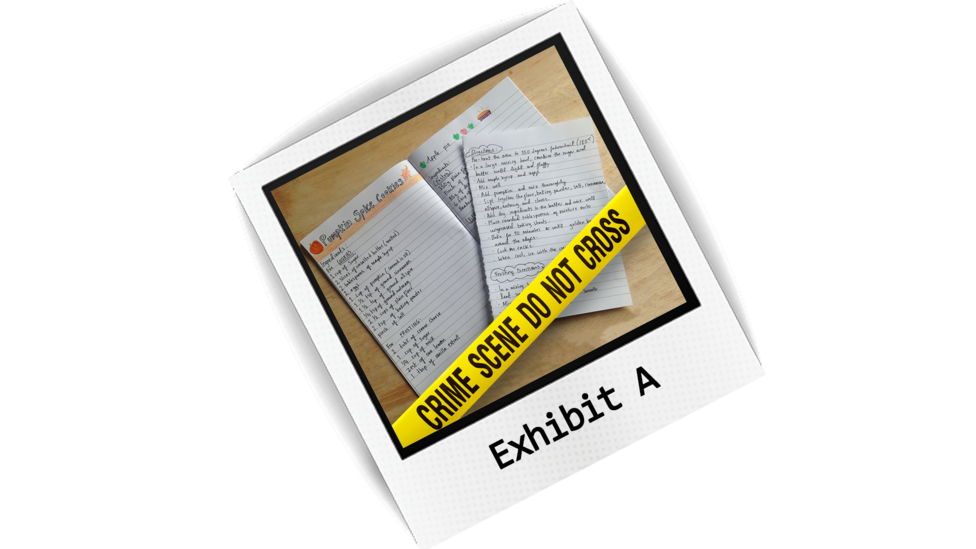 A polaroid image, showing a page ripped out of a recipe book, surrounded by 'Crime Scene' yellow tape.