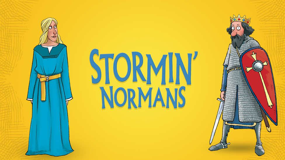 Queen Matilda and William the Conqueror, illustrated characters from the Horrible Histories game, standing either side of a logo that reads 'Stormin' Normans'.