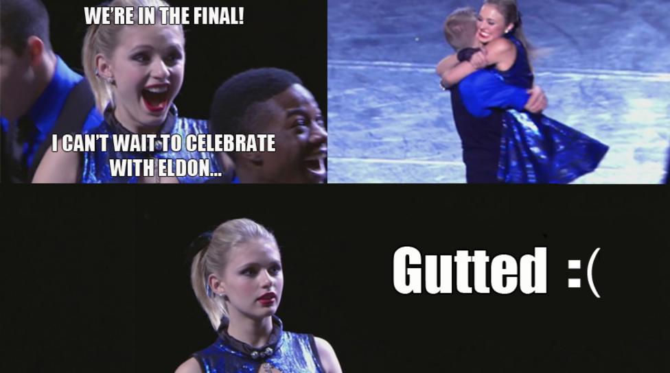 Emily with text: "We're in the final, I can't wait to celebrate with Eldon". Eldon and Michelle hugging. Emily looking sad: "Gutted :(".