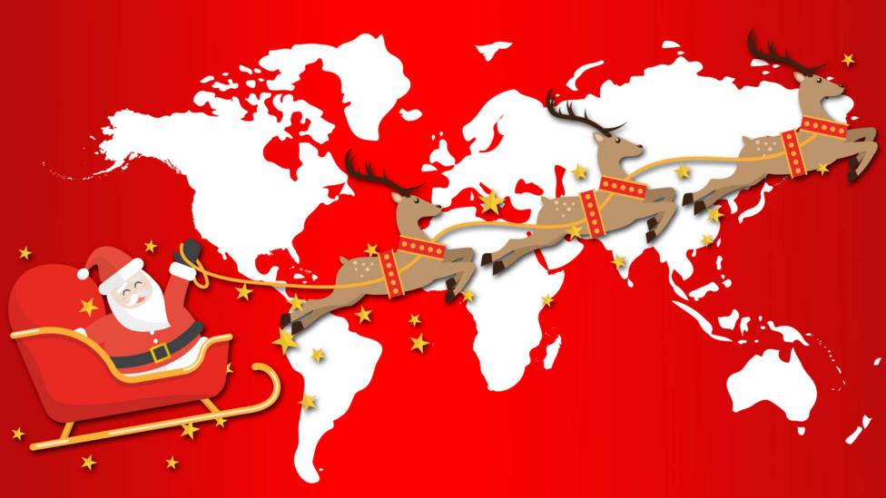 A world map on a red background with Santa in his sleigh with reindeer.
