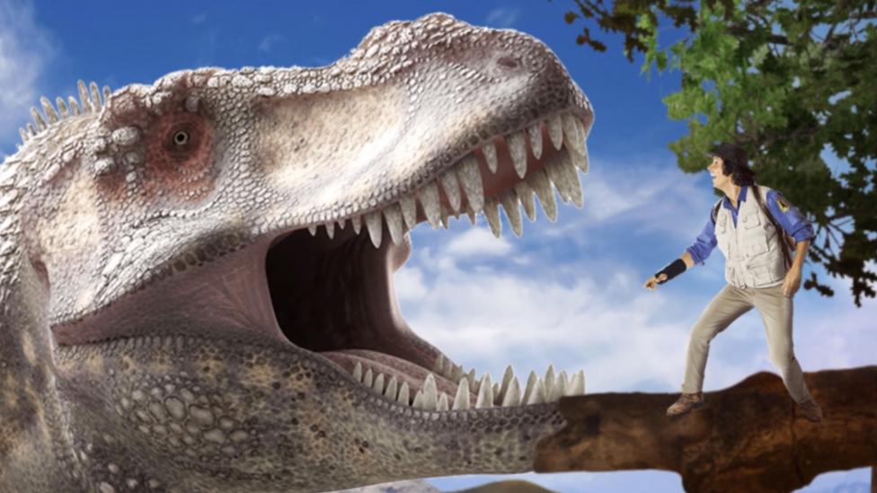 Andy is stood on a large tree branch, he is standing face to face with a T-Rex. The Dinosaur is baring it's teeth and roaring at Andy!