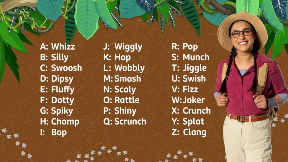 Images of Jen and Andy stood next to words and pictures from Andy's Dino Island for a name generator.