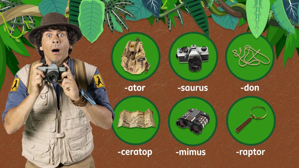 Images of Jen and Andy stood next to words and pictures from Andy's Dino Island for a name generator.