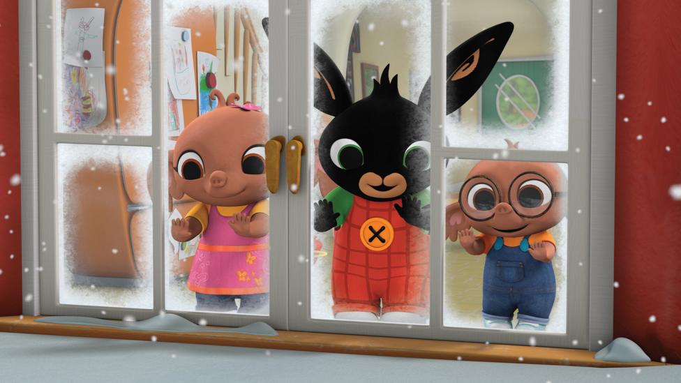 Image of Bing and his friends looking out of a window into a snowy scene