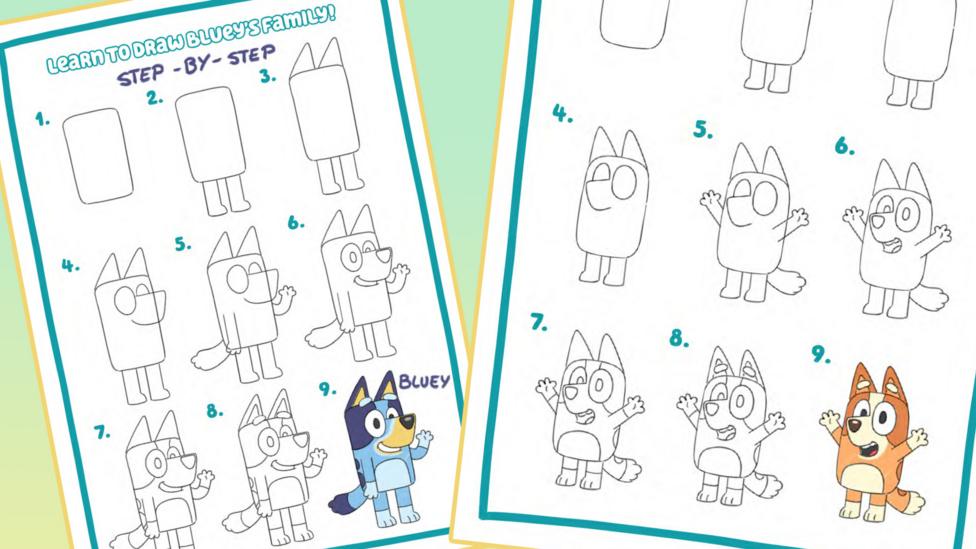 Image of two sheets with tutorials on how to draw characters from Bluey