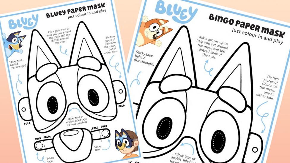 Image of Bluey and Bingo paper mask template sheets
