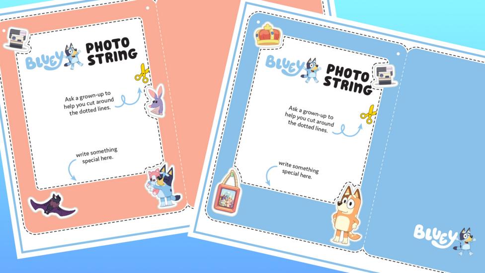 Image of two print out pages, one is orange, the other is blue, with instructions on how to make a photo frame on a string