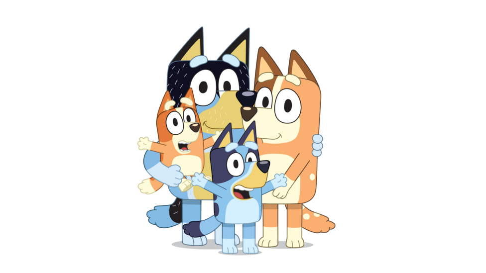 Bluey, bingo, dad and mum are all together.