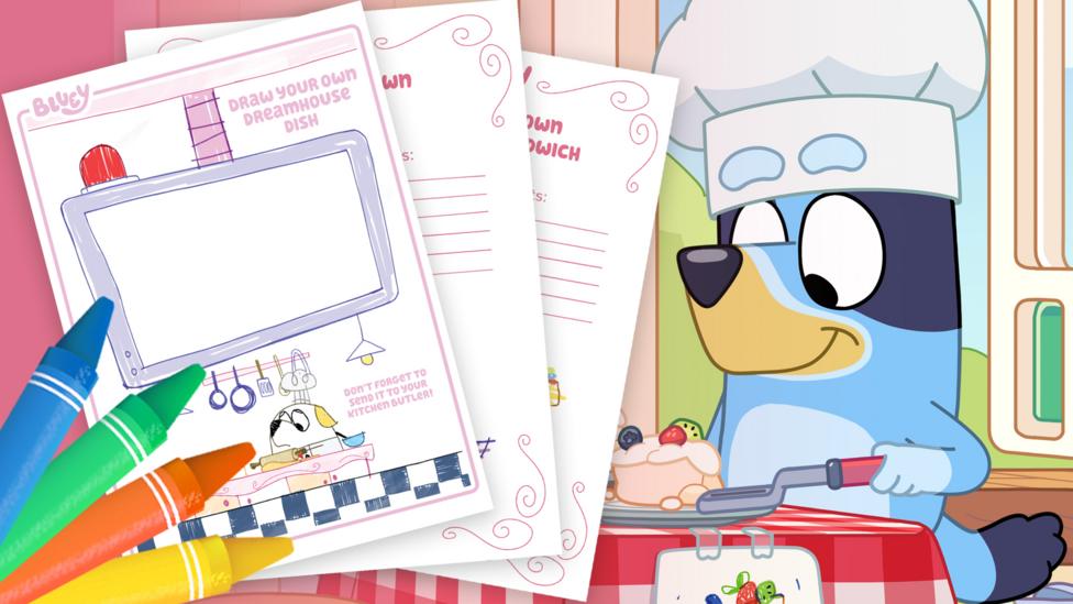 Bluey making pavlova, surrounded by recipe sheets and crayons.