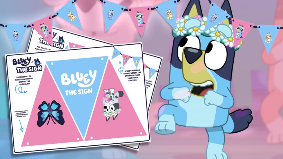 Bluey dances, looking up excitedly to the bunting above her.