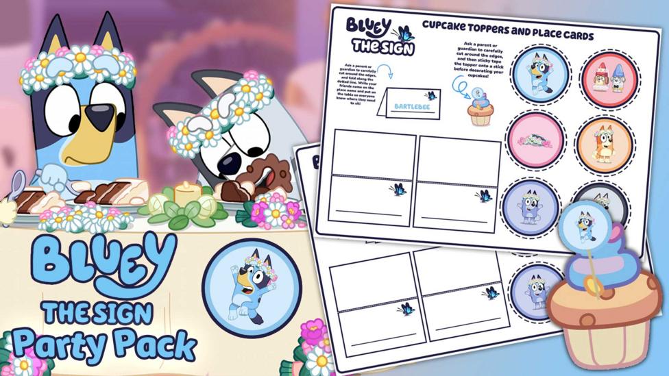 Bluey looking wary as she sees her friend consume cake by mashing it over their face. Cake toppers show cartoons.