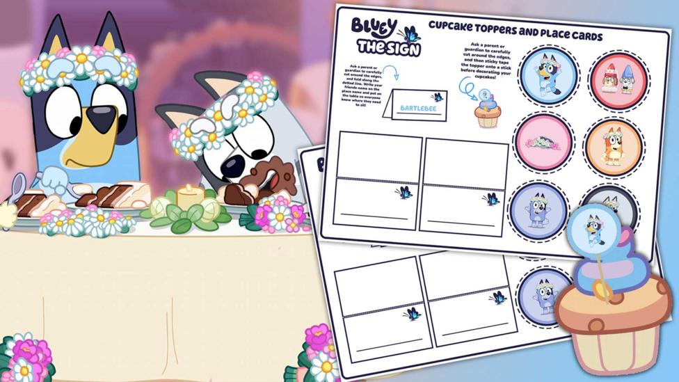 Bluey looks disturbed as her cousin Muffin wolfs down cake and gets it all over her face.