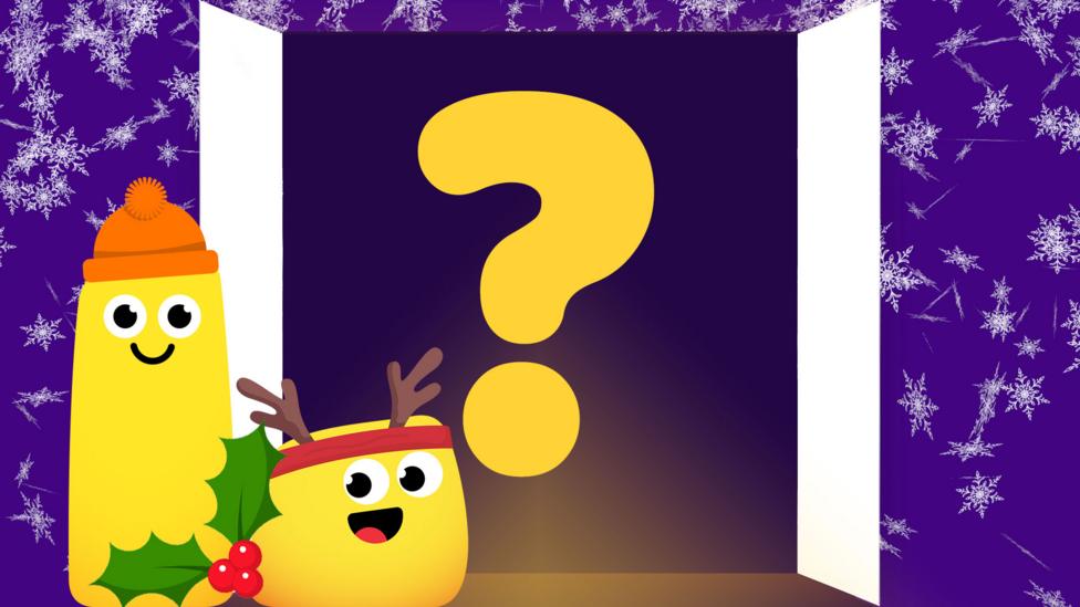 Advent doors swinging open to reveal a question mark, CBeebies yellow bugs stand looking excited.