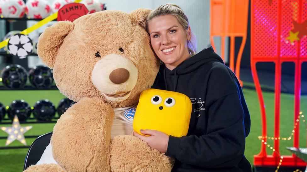 Image of a cuddly teddy bear and Millie Bright, England footballer