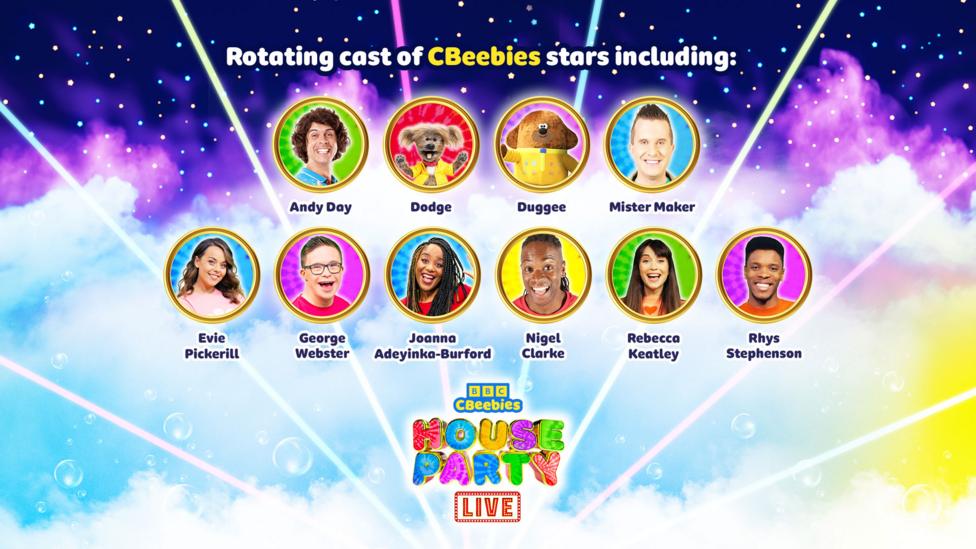 CBeebies House Party LIVE rotating cast headshots including; Andy Day, Dodge, Duggee, Mister Maker, Evie Pickerill, George Webster, Joanna Adeyinka-Burford, Nigel Clarke, Rebecca Keatley and Rhys Stephenson