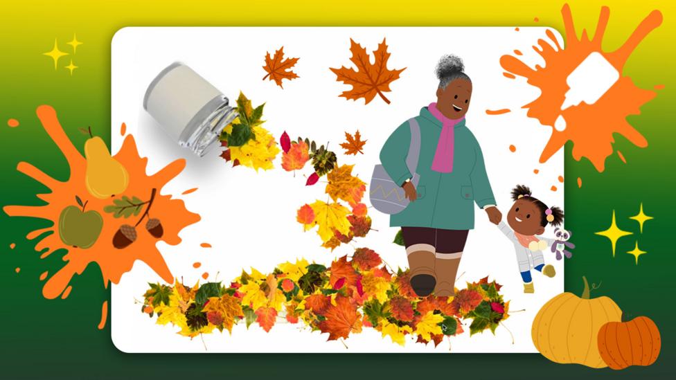 A canvas covered in autumn leaves stuck to the page with glue. Sparkles and autumnal colours gleam around the canvas, while Jojo and GranGran wearing wellingtons and coats appear to walk through the leaves.