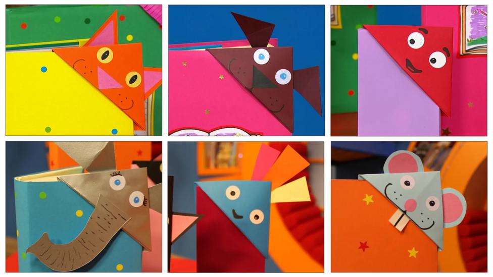 Six images of book buddy craft makes made out of different coloured card.