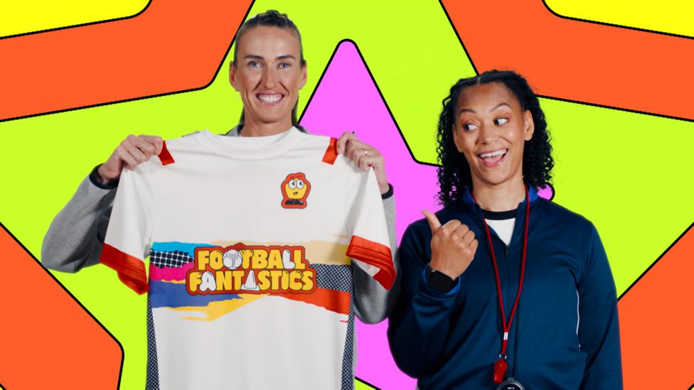 England footballer Jill Scott holds up a Football Fantastics jersey.