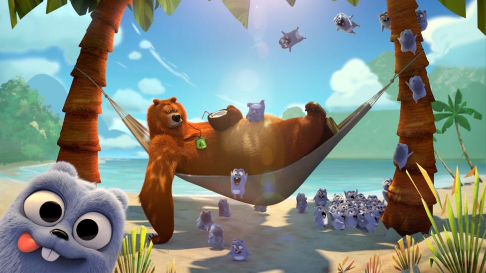 Image of an animated bear lying on a hammock on a beach with small blue creatures around them.