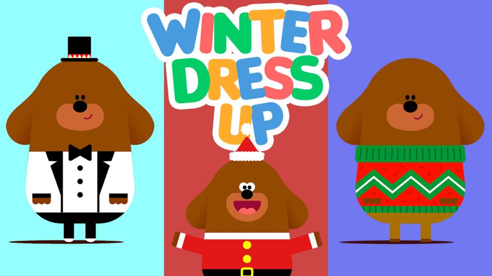 Duggee is in three different winter outfits in front of a coloured grid.