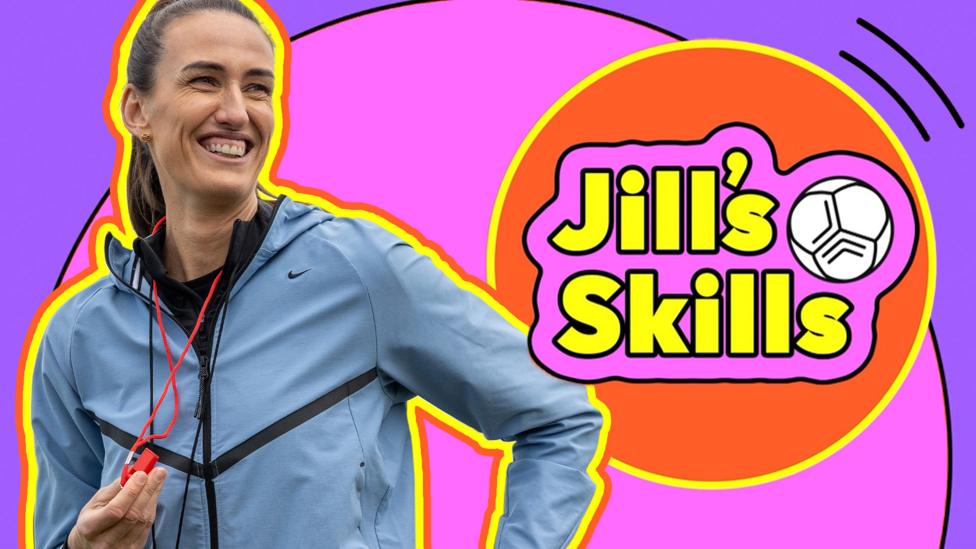 Image of Jill Scott with a whistle against the Jills Skills logo and colourful background.