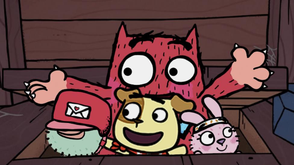 Love Monster is coming up to the attic, with all of his friends with him. They all look happy and excited.
