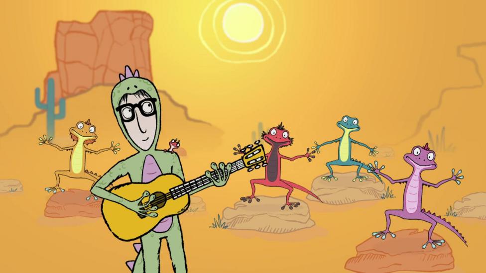 Illustration of a man dressed in a lizard costume, holding a guitar. The background is the dessert with the sun shining and lizards.