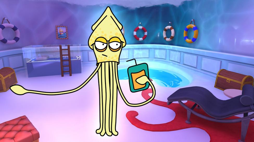 A cartoon yellow squid holds a juice carton, looking grump. One tentacle gestures to the left. Behind her, a cave with treasure chests, an ice hole and a chaise lounge.