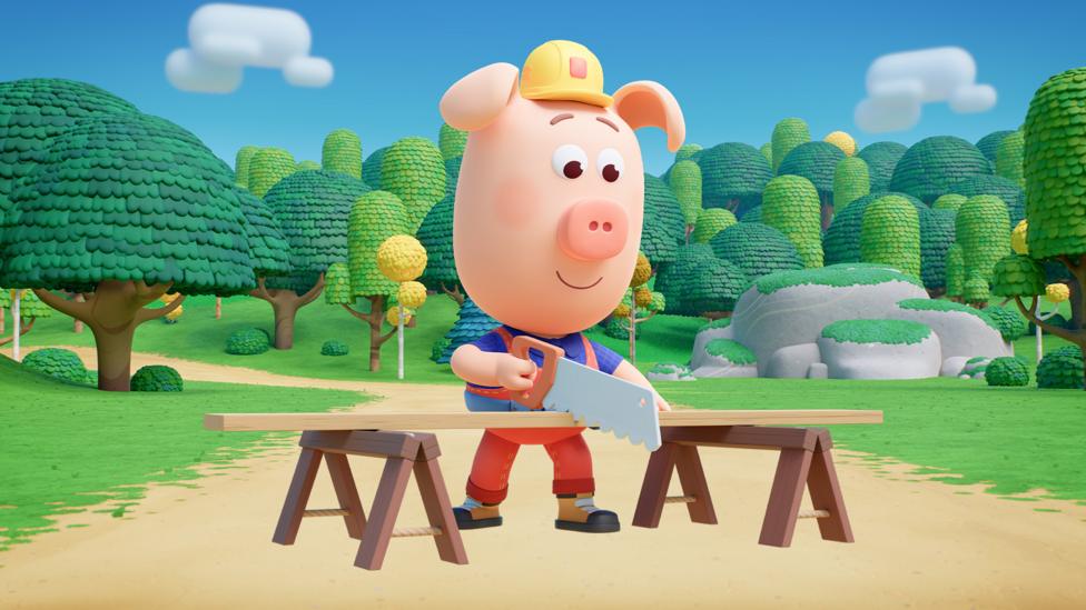 Image of Cesar from Piggy Builders chopping wood