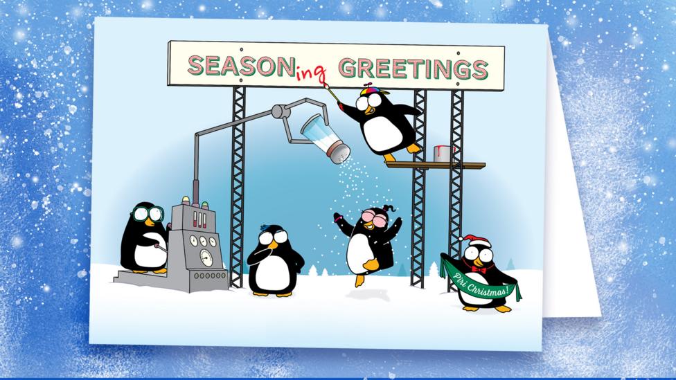 Piripenguins Christmas card image against a frosty background.