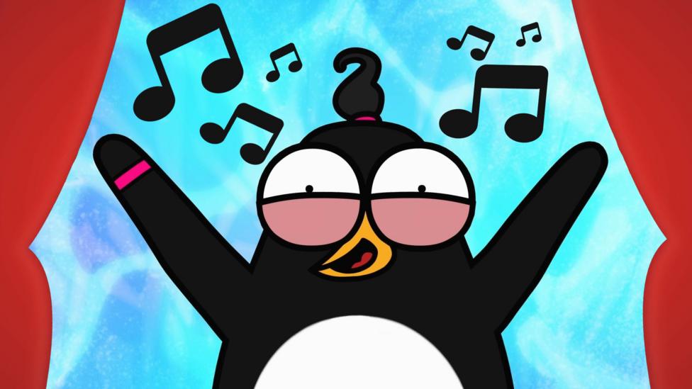 Nugget, a cartoon penguin with a pony tail on the top of her head and a pink bracelet, smiles with arms wide.
