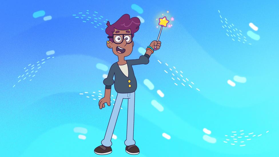 Dash, Rafi's Dad, stands with his wishing wand in his hand. He is a animated south-east asian tall man with earrings, glasses, bangles, relaxed cardigan and jeans.